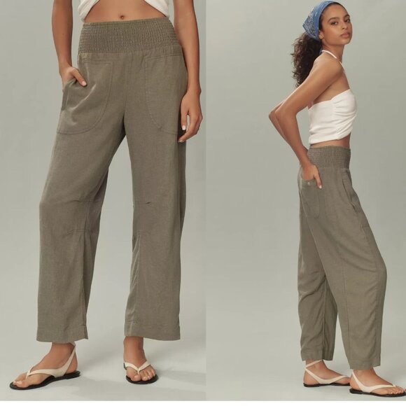 Anthropologie The Reese Smocked Pull-On Barrel Pants size L green color - Picture 1 of 7